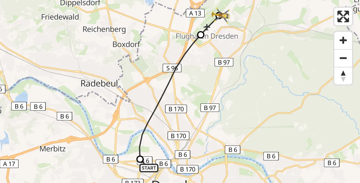 Flugroute Rettungshubschrauber Dresden Friedrichstadt Hospital - Dresden Bundespolizei Hubschrauberlandeplatz, 25 Mai 2026, 15:53
