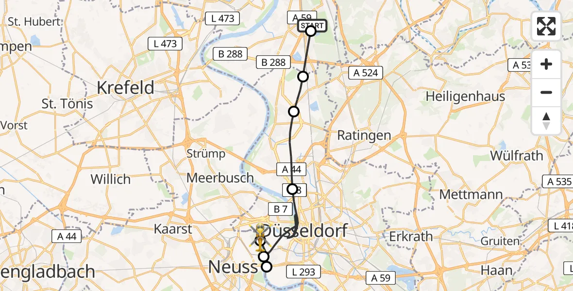 Flugroute Rettungshubschrauber Duisburg Air Rescue Hubschrauberlandeplatz (Christoph 9) - Düsseldorf, 25 Mai 2026, 15:55