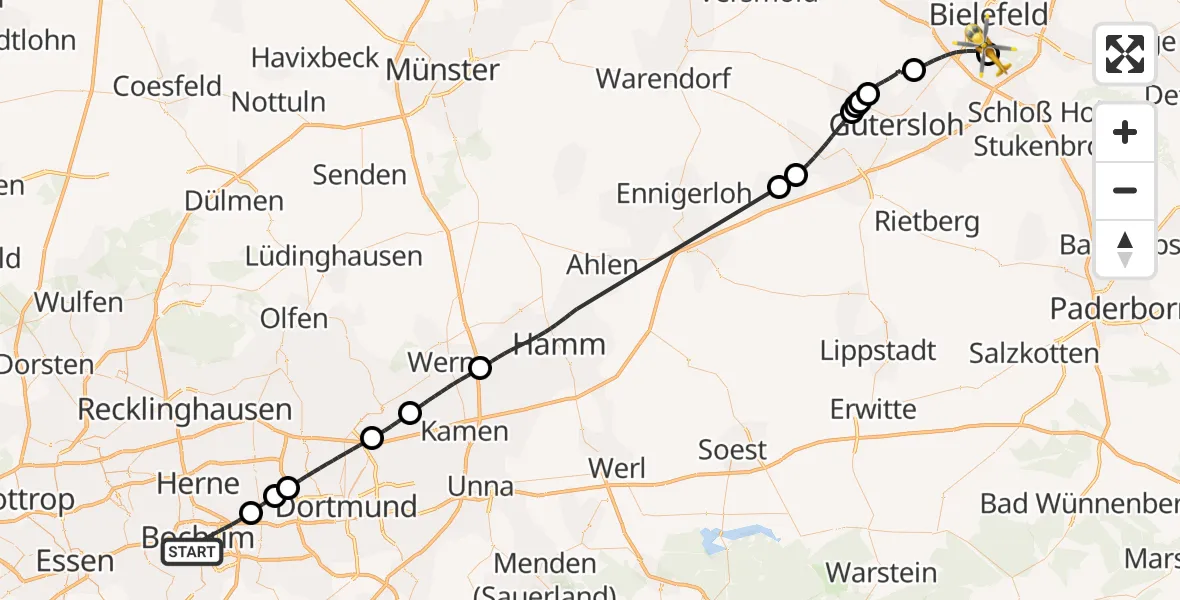 Flugroute Rettungshubschrauber Bochum - Luftrettungszentrum Bielefeld, 25 Mai 2026, 16:06