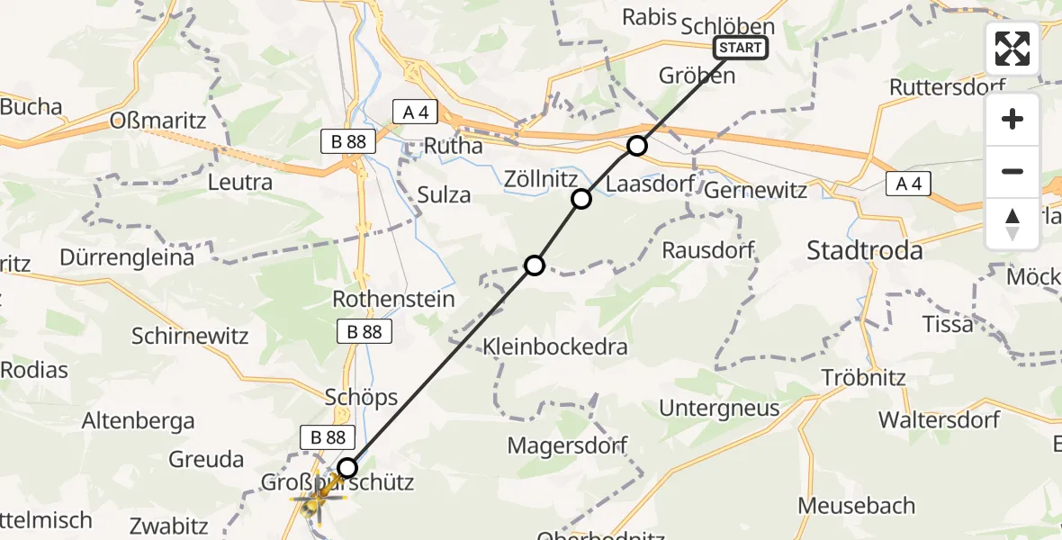 Flugroute Rettungshubschrauber Schlöben - Großpürschütz, 25 Mai 2026, 16:10
