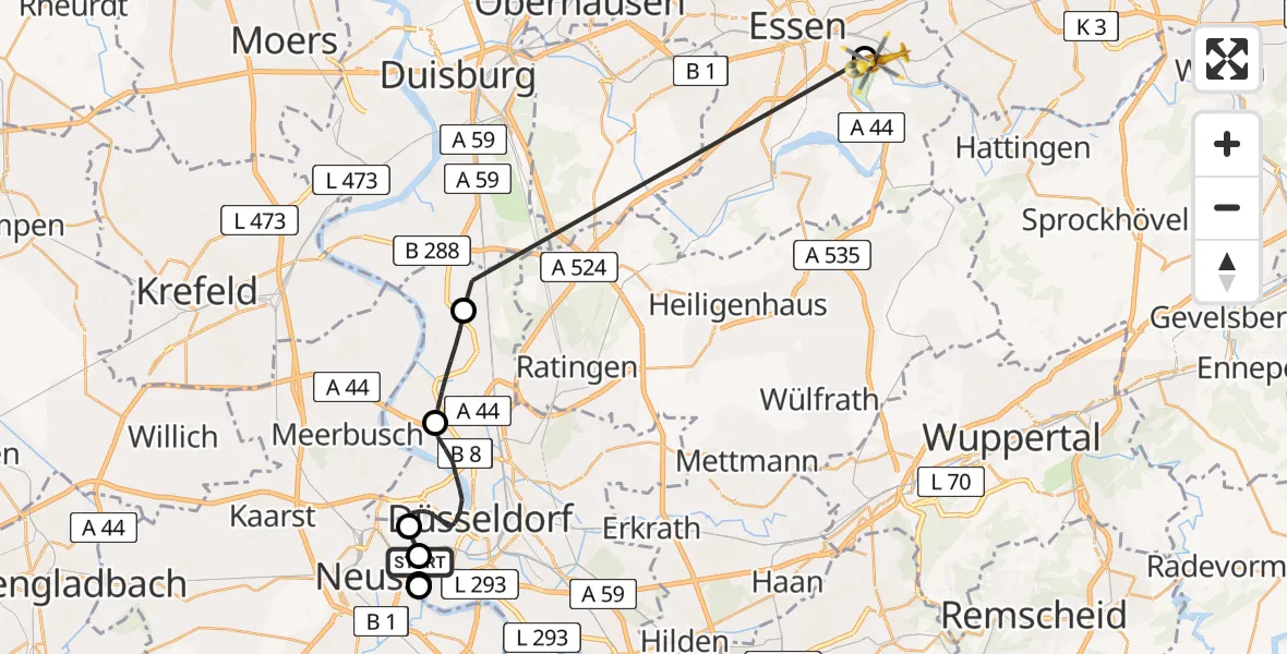 Flugroute Rettungshubschrauber Düsseldorf - Essen, 25 Mai 2026, 16:11