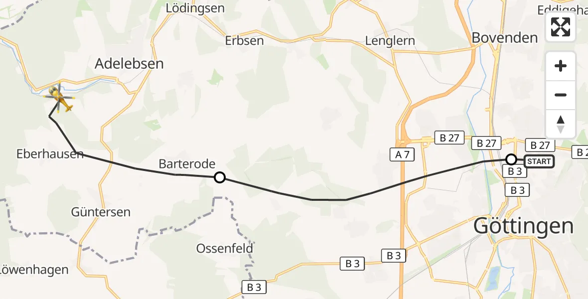 Flugroute Rettungshubschrauber Göttingen University Clinic Hubschrauberlandeplatz - Adelebsen, 25 Mai 2026, 16:12
