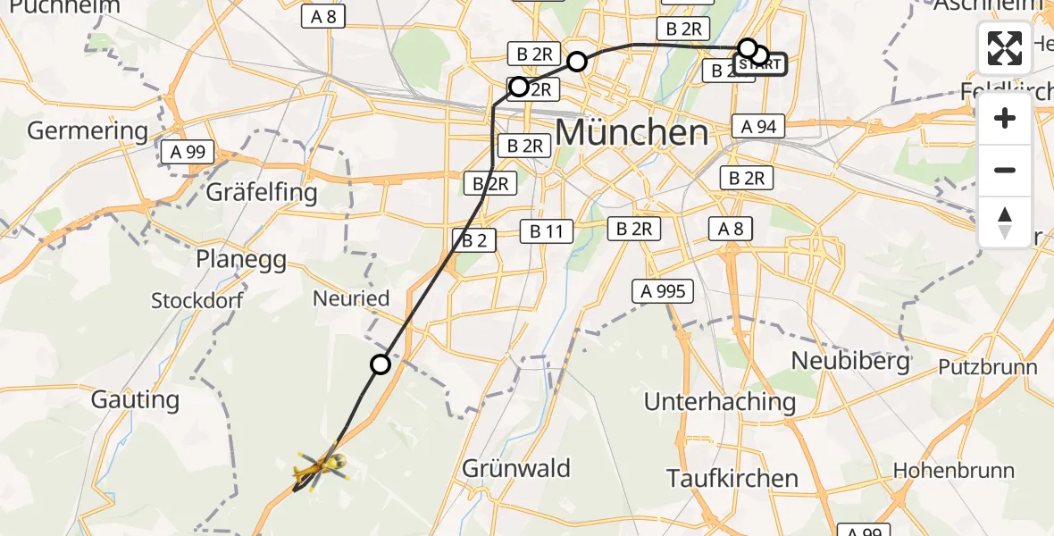 Flugroute Rettungshubschrauber München Bogenhausen Hospital - Forstenrieder Park, 25 Mai 2026, 16:12