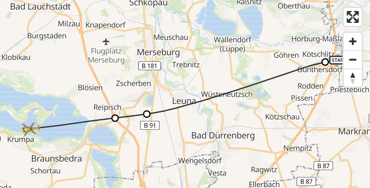 Flugroute Rettungshubschrauber ADAC Air Rescue Station Leipzig/Schkeuditz-Dölzig Hubschrauberlandeplatz (Christoph 61) - Braunsbedra, 25 Mai 2026, 16:15