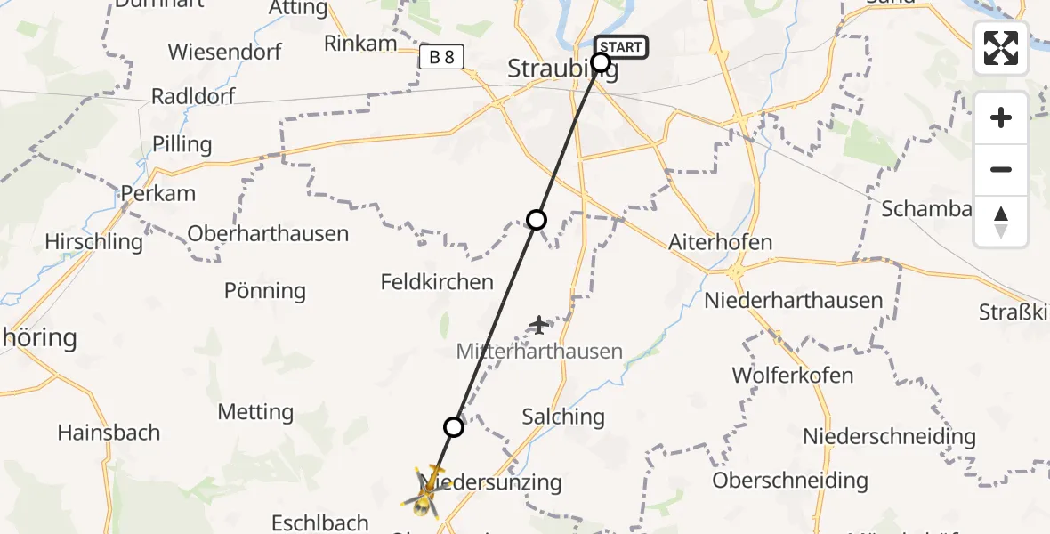Flugroute Rettungshubschrauber Sankt Elisabeth Hospital Straubing - Leiblfing, 25 Mai 2026, 16:16