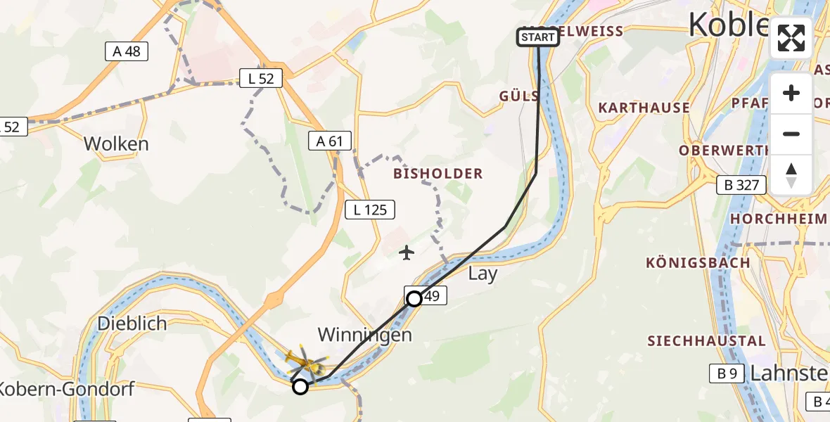 Flugroute Rettungshubschrauber Koblenz - Winningen, 25 Mai 2026, 16:17