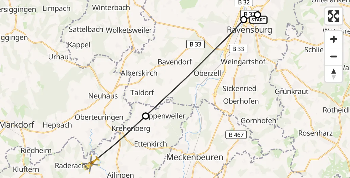 Flugroute Rettungshubschrauber Sankt Elisabeth Hospital - Friedrichshafen, 25 Mai 2026, 16:18
