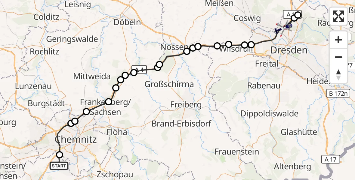Flugroute Polizeihubschrauber Neukirchen/Erzgeb. - Dresden, 25 Mai 2026, 16:30