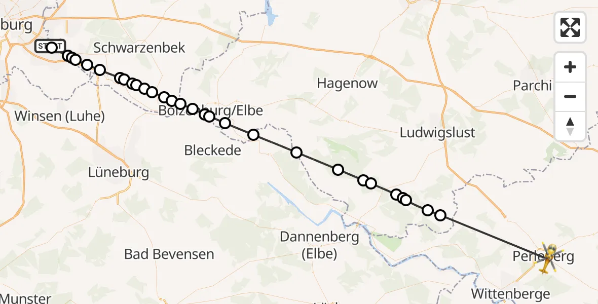 Flugroute Rettungshubschrauber Christoph Hansa ADAC Hubschrauberlandeplatz - Perleberg, 25 Mai 2026, 16:30