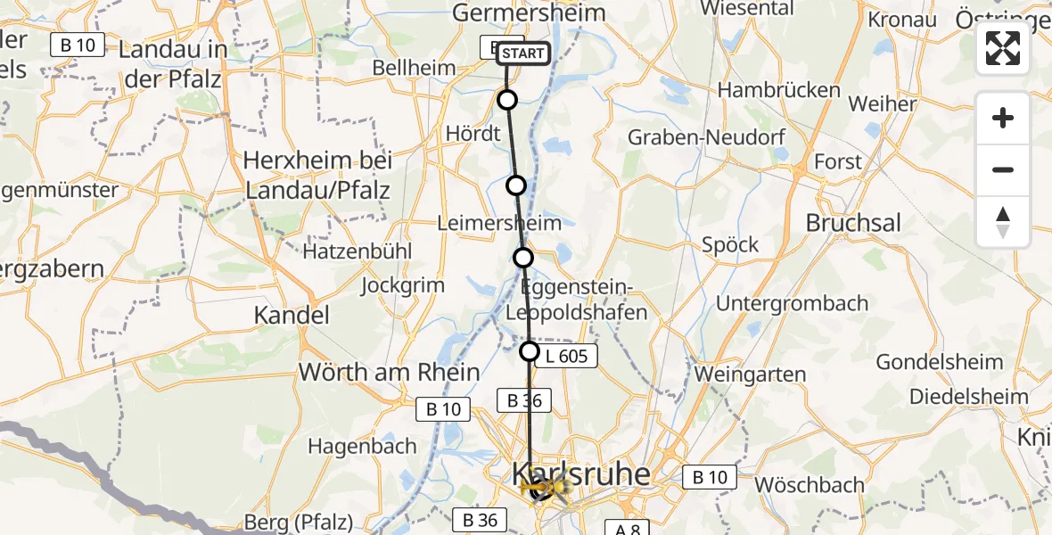 Flugroute Rettungshubschrauber Germersheim - Sankt Vincentius Hospital, 25 Mai 2026, 16:30