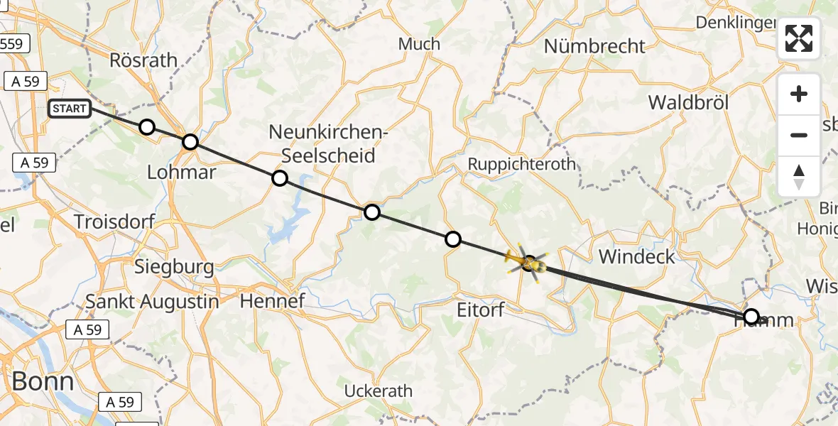 Flugroute Rettungshubschrauber Köln Bonn Flughafen - Windeck, 25 Mai 2026, 16:31
