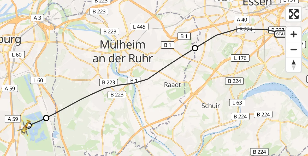 Flugroute Rettungshubschrauber Essen - Duisburg Air Rescue Hubschrauberlandeplatz (Christoph 9), 25 Mai 2026, 16:33
