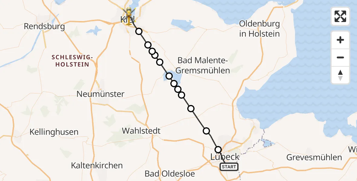 Flugroute Rettungshubschrauber Lübeck - Kiel, 25 Mai 2026, 16:36