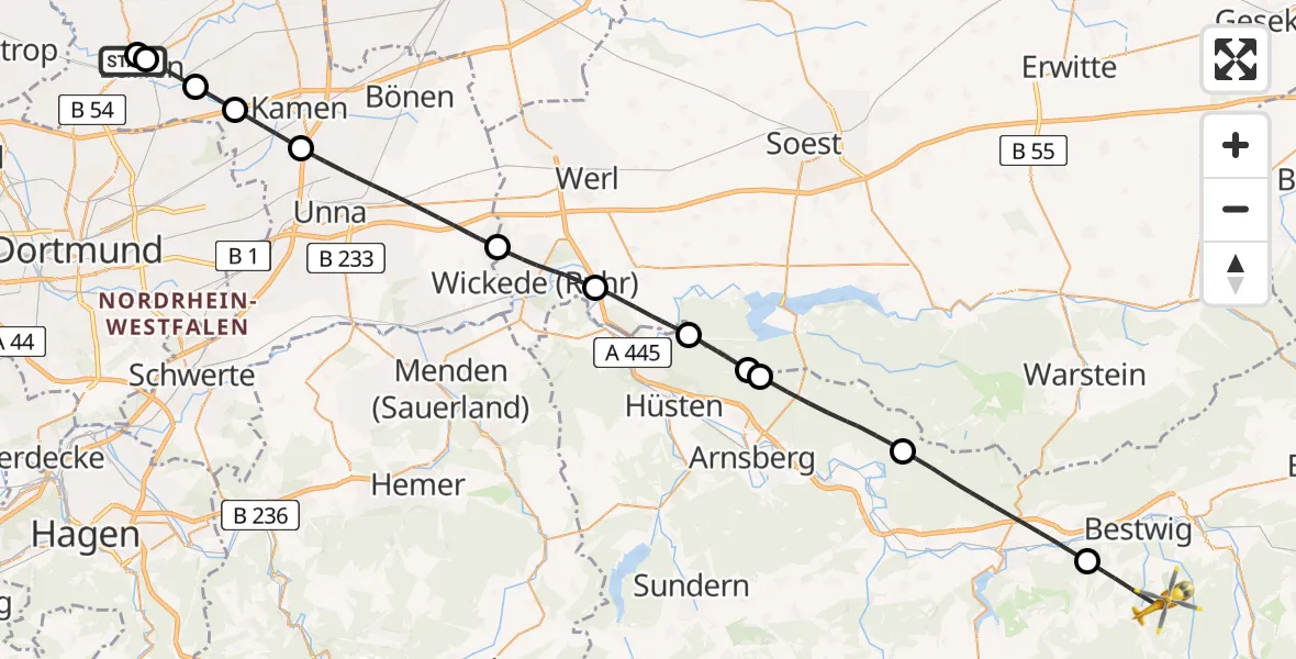 Flugroute Rettungshubschrauber Sankt Marien Hospital - Bestwig, 25 Mai 2026, 16:44