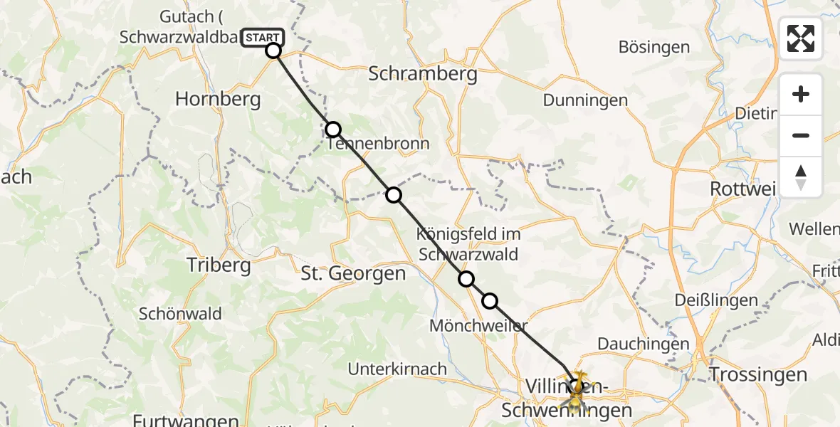 Flugroute Rettungshubschrauber Wolfach - DRF Air Rescue Station Villingen-Schwenningen Hubschrauberlandeplatz (Christoph 11), 25 Mai 2026, 16:47
