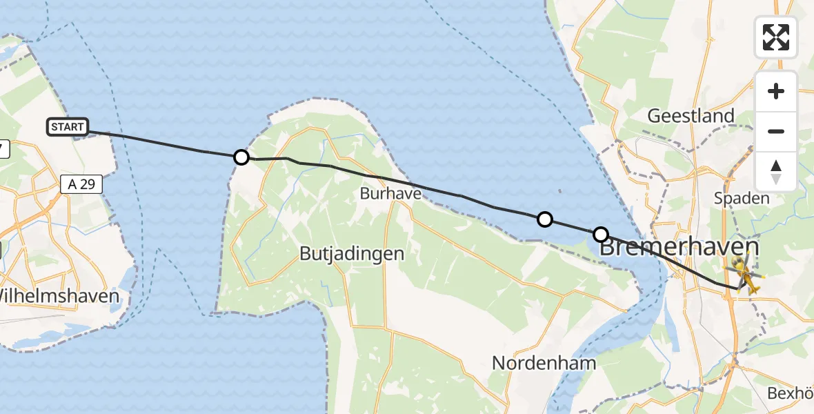 Flugroute Rettungshubschrauber Wilhelmshaven - Bremerhaven, 25 Mai 2026, 16:48