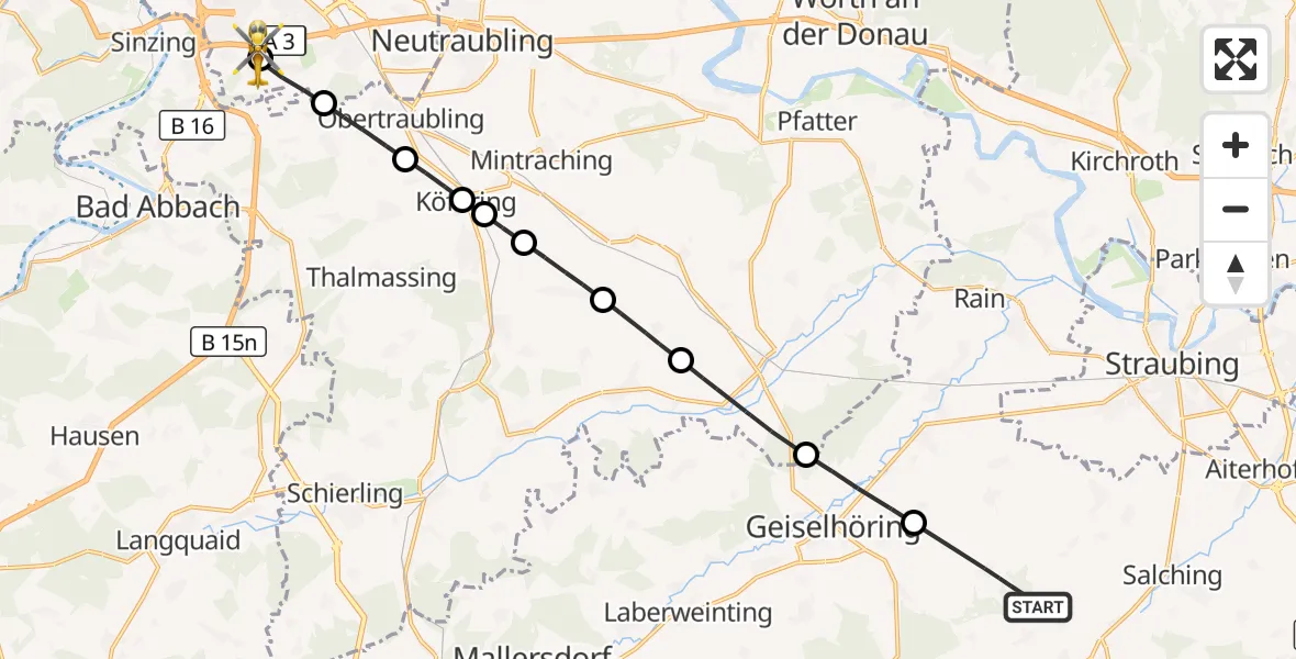 Flugroute Rettungshubschrauber Leiblfing - DRF Air Rescue Station Regensburg / Regensburg University Hospital, 25 Mai 2026, 16:48