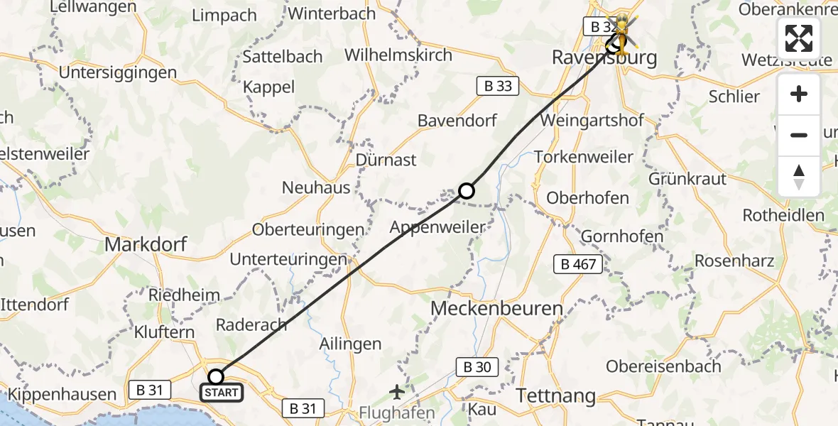Flugroute Rettungshubschrauber Friedrichshafen Hospital - Sankt Elisabeth Hospital, 25 Mai 2026, 16:49