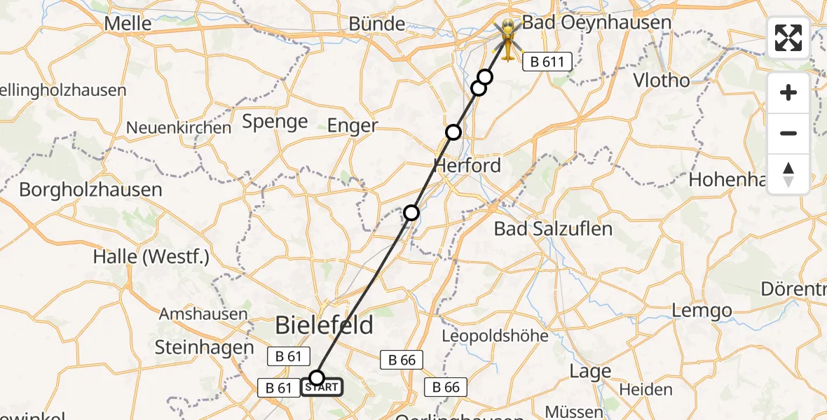 Flugroute Rettungshubschrauber Luftrettungszentrum Bielefeld - Löhne, 25 Mai 2026, 16:52