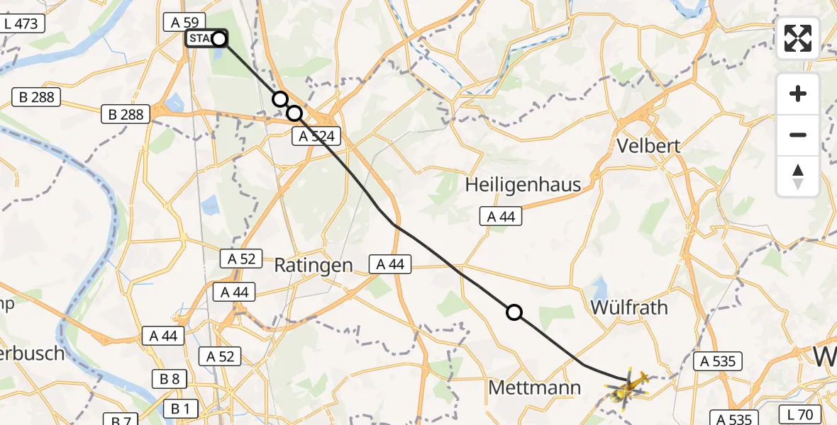 Flugroute Rettungshubschrauber Duisburg Air Rescue Hubschrauberlandeplatz (Christoph 9) - Mettmann, 25 Mai 2026, 16:53