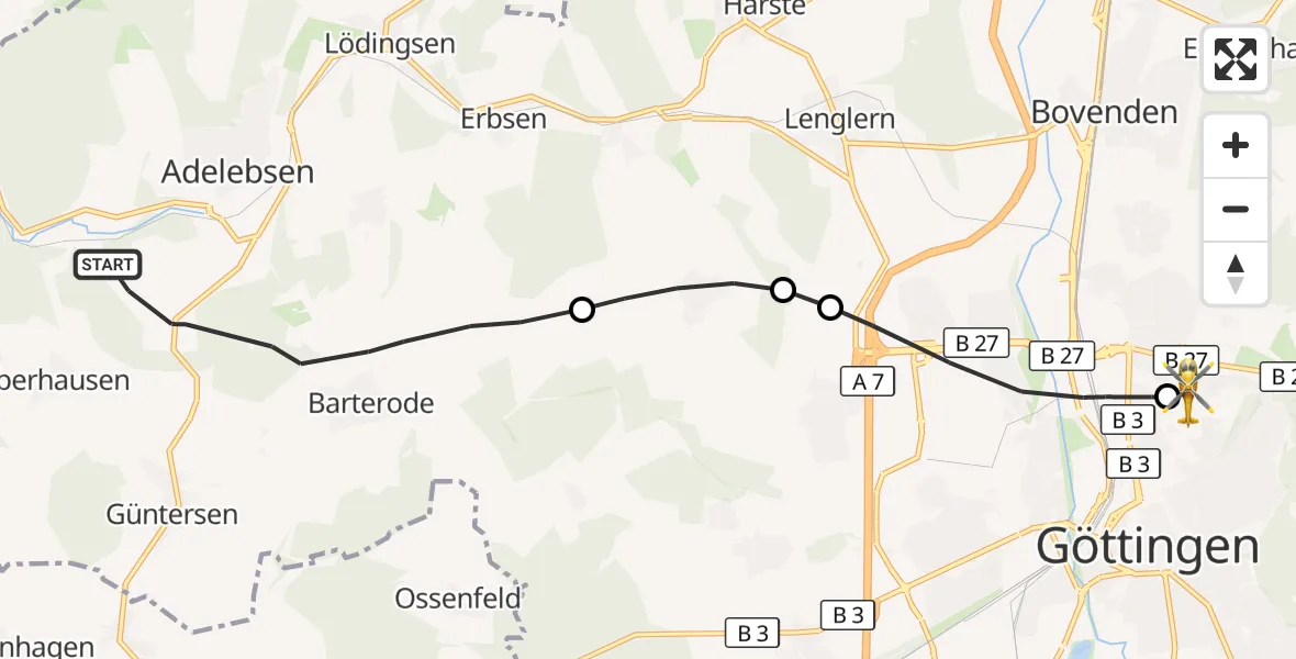 Flugroute Rettungshubschrauber Adelebsen - Göttingen University Clinic Hubschrauberlandeplatz, 25 Mai 2026, 16:59