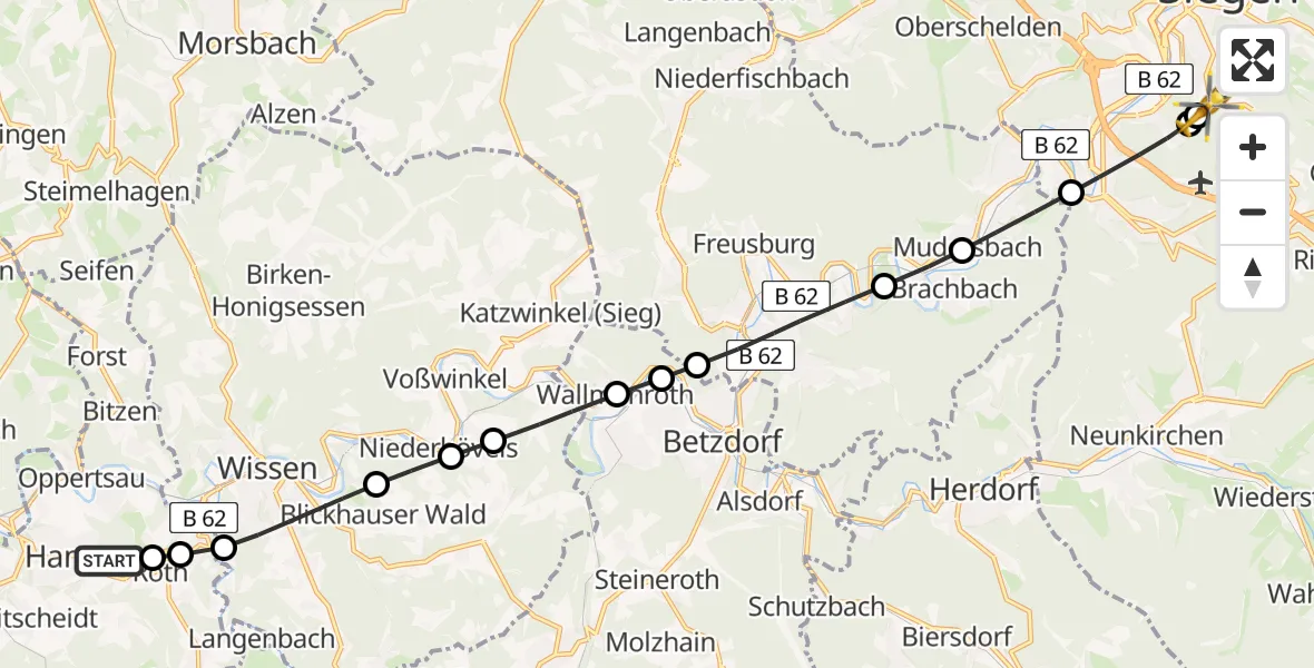 Flugroute Rettungshubschrauber Hamm (Sieg) - Evangelisches Jung-Stilling Hospital, 25 Mai 2026, 17:06