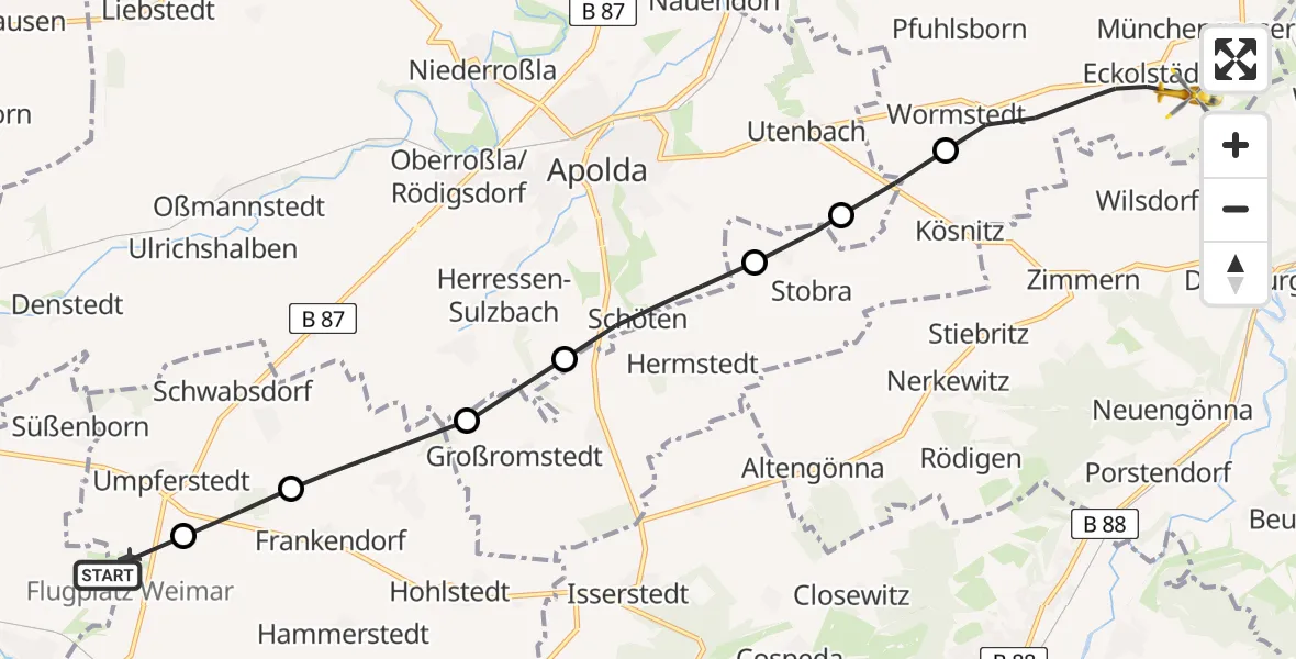 Flugroute Rettungshubschrauber Weimar-Umpferstedt Flugplatz - Bad Sulza, 25 Mai 2026, 17:18