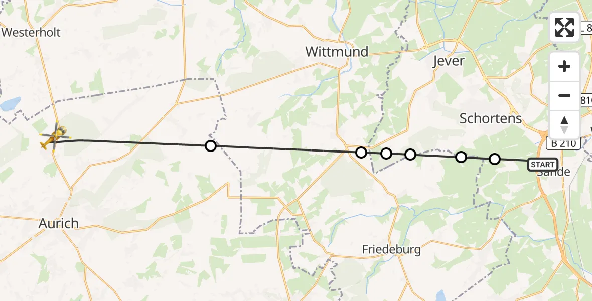 Flugroute Rettungshubschrauber Sande - Aurich, 25 Mai 2026, 17:23