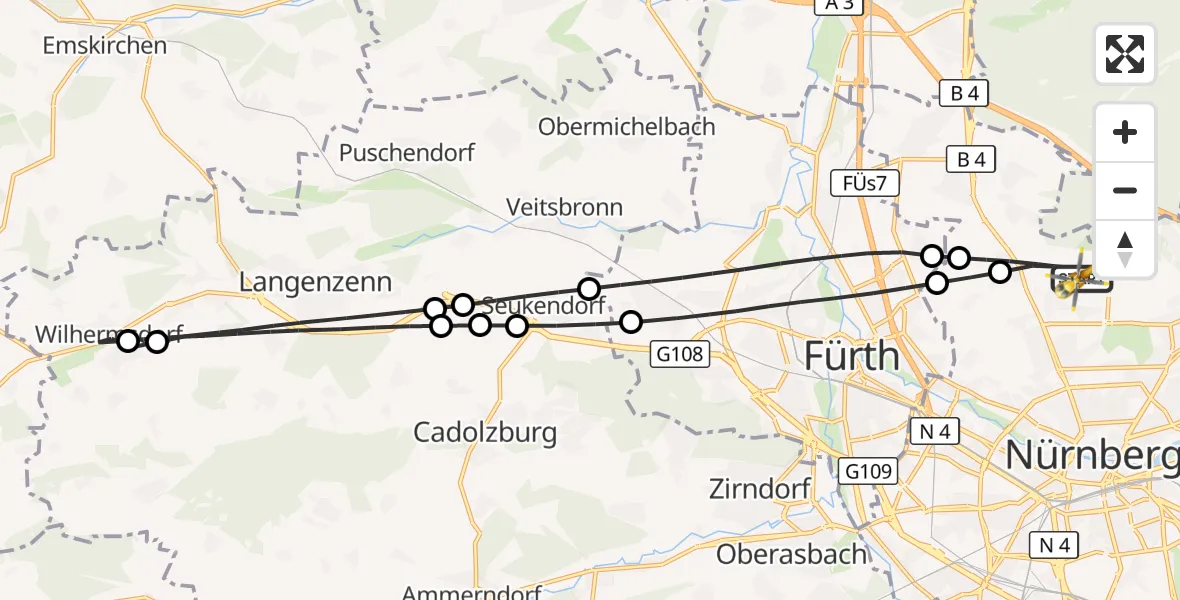 Flugroute Ambulanzhubschrauber Flughafen Nuremberg - Flughafen Nuremberg, 25 Mai 2026, 17:24