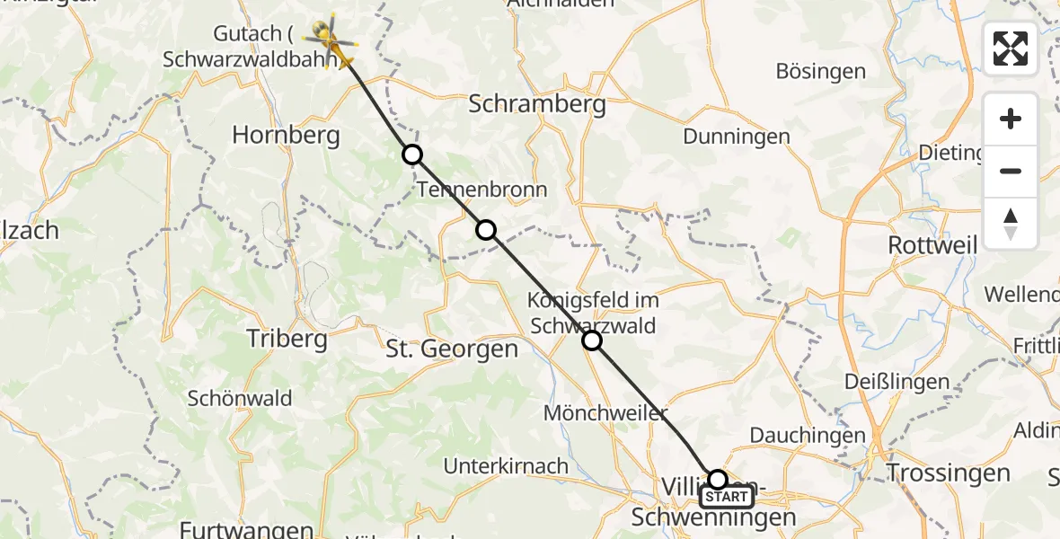 Flugroute Rettungshubschrauber DRF Air Rescue Station Villingen-Schwenningen Hubschrauberlandeplatz (Christoph 11) - Wolfach, 25 Mai 2026, 17:26