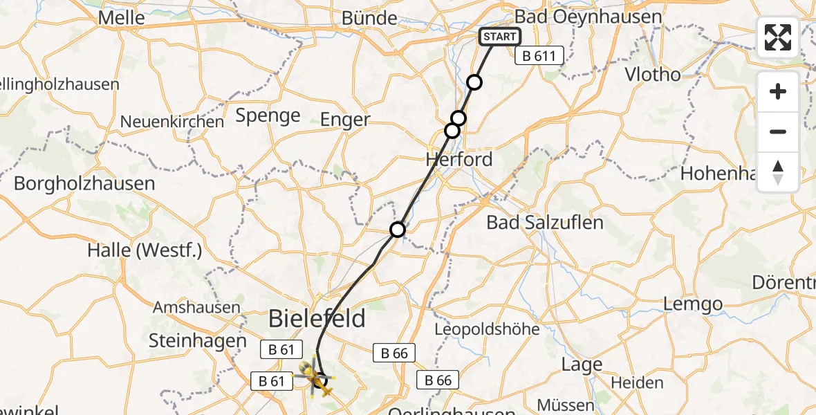Flugroute Rettungshubschrauber Löhne - Luftrettungszentrum Bielefeld, 25 Mai 2026, 17:29