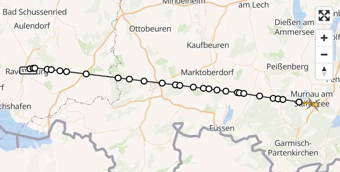 Flugroute Rettungshubschrauber Sankt Elisabeth Hospital - Murnau a.Staffelsee, 25 Mai 2026, 17:30