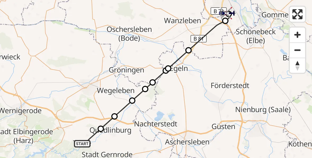 Flugroute Polizeihubschrauber Thale - Magdeburg City Flugplatz, 25 Mai 2026, 17:33