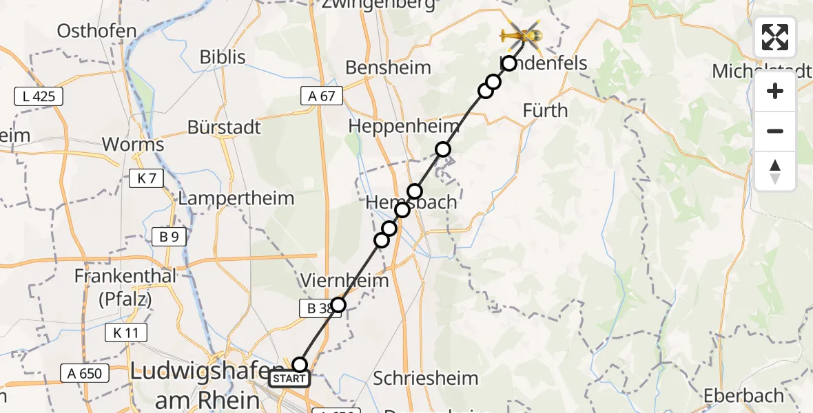 Flugroute Rettungshubschrauber Mannheim-City Flughafen - Lindenfels, 25 Mai 2026, 17:34