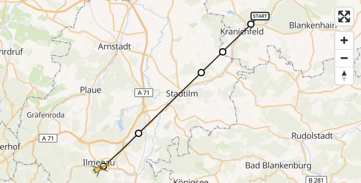 Flugroute Ambulanzhubschrauber Bad Berka - Ilm-Kreis-Kliniken Arnstadt-Ilmenau Hubschrauberlandeplatz, 25 Mai 2026, 17:34