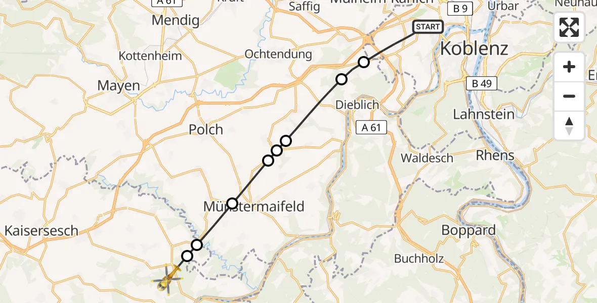 Flugroute Rettungshubschrauber Koblenz - Binningen, 25 Mai 2026, 17:40