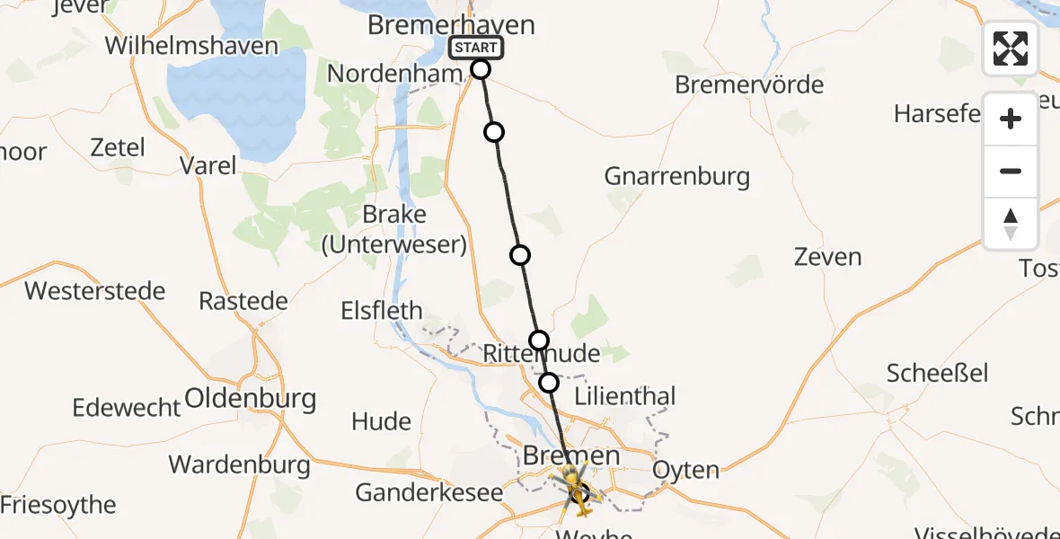 Flugroute Rettungshubschrauber Bremerhaven - ADAC Air Rescue Station Bremen Hubschrauberlandeplatz (Christoph 6), 25 Mai 2026, 17:46