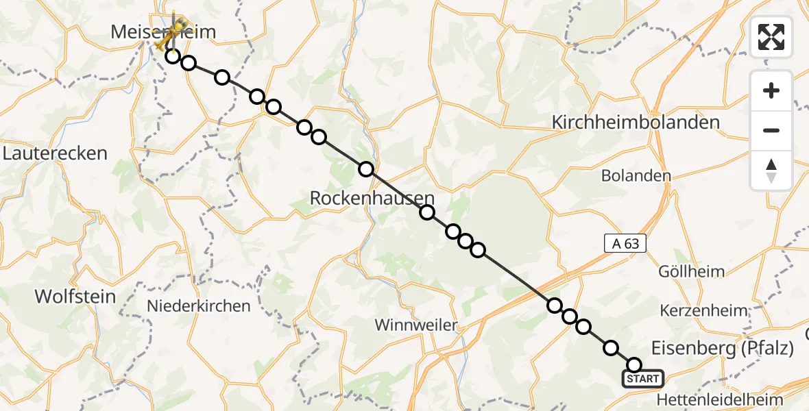 Flugroute Rettungshubschrauber Ramsen - Meisenheim, 25 Mai 2026, 17:46