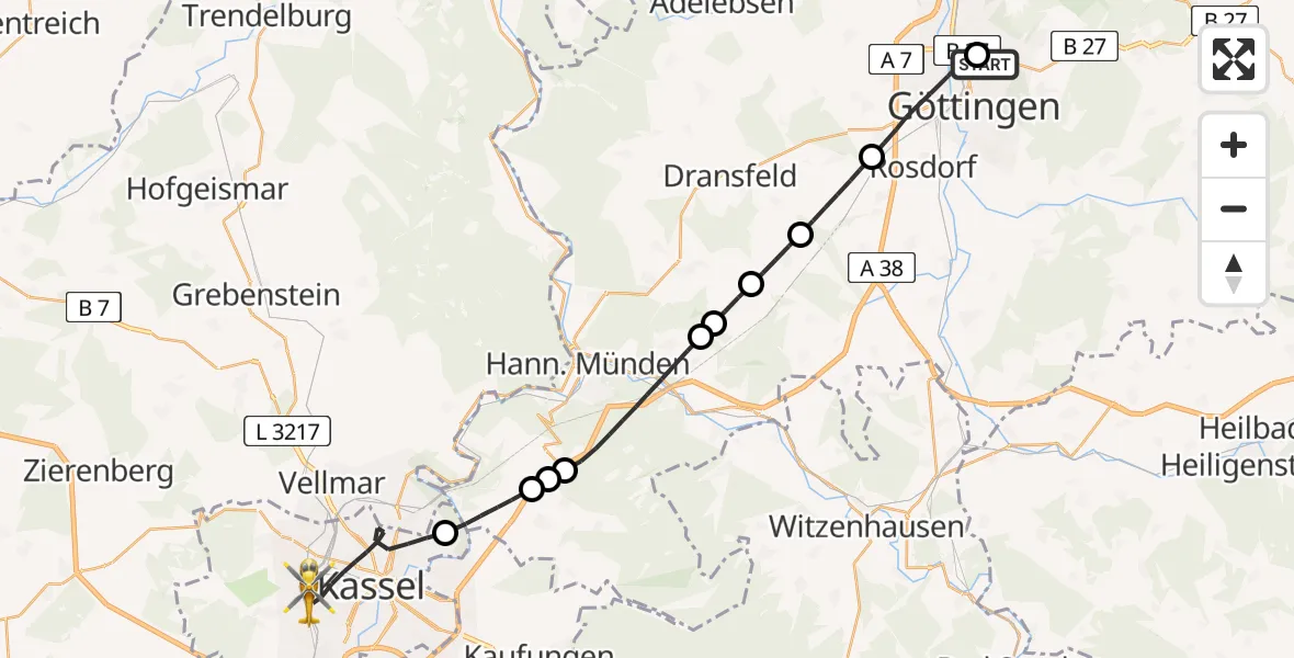 Flugroute Rettungshubschrauber Göttingen University Clinic Hubschrauberlandeplatz - Kassel, 25 Mai 2026, 17:47