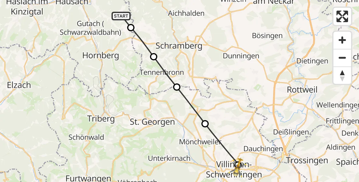 Flugroute Rettungshubschrauber Wolfach - DRF Air Rescue Station Villingen-Schwenningen Hubschrauberlandeplatz (Christoph 11), 25 Mai 2026, 17:51