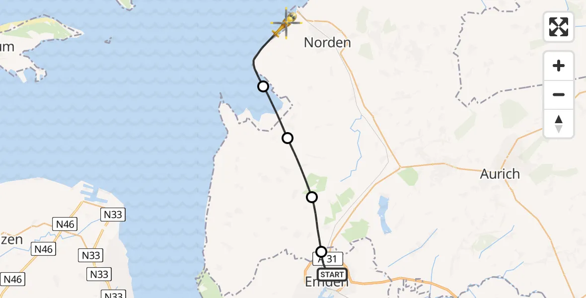 Flugroute Ambulanzhubschrauber Emden - Noordzee, 25 Mai 2026, 17:56