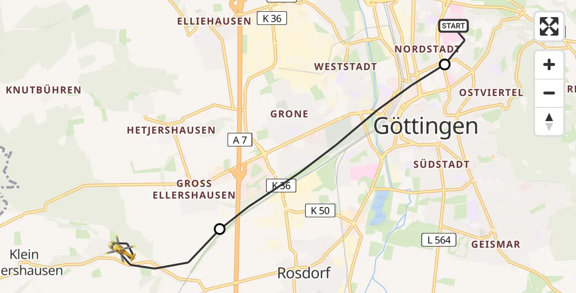Flugroute Rettungshubschrauber Göttingen University Clinic Hubschrauberlandeplatz - Rosdorf, 25 Mai 2026, 17:58