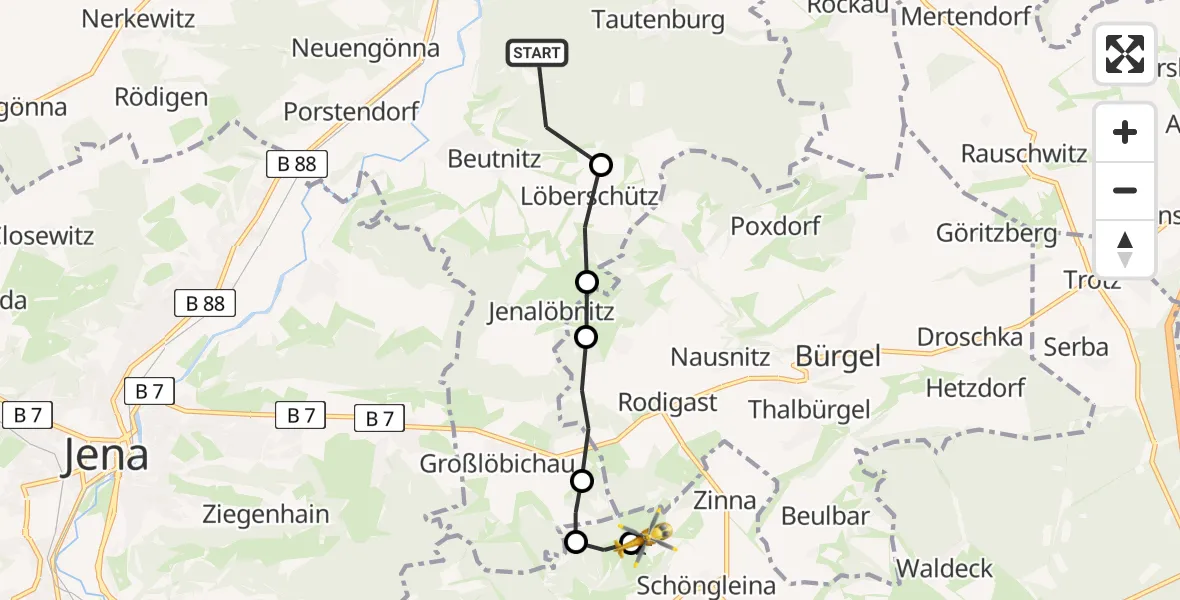 Flugroute Rettungshubschrauber Tautenburg - Jena-Schöngleina Flugplatz, 25 Mai 2026, 18:03