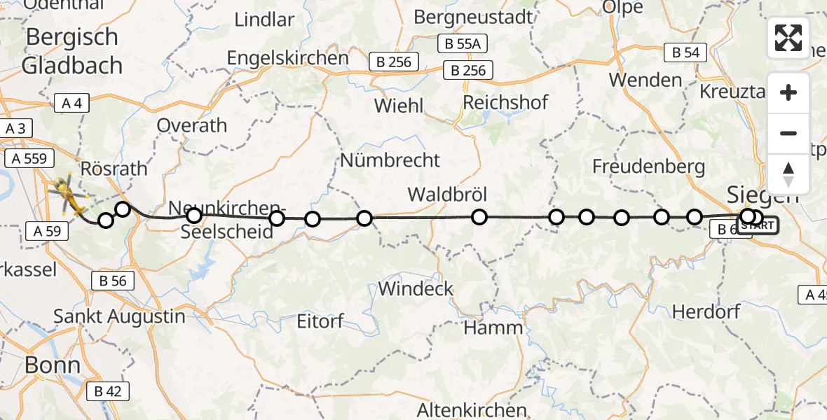 Flugroute Rettungshubschrauber Evangelisches Jung-Stilling Hospital - Köln Bonn Flughafen, 25 Mai 2026, 18:06