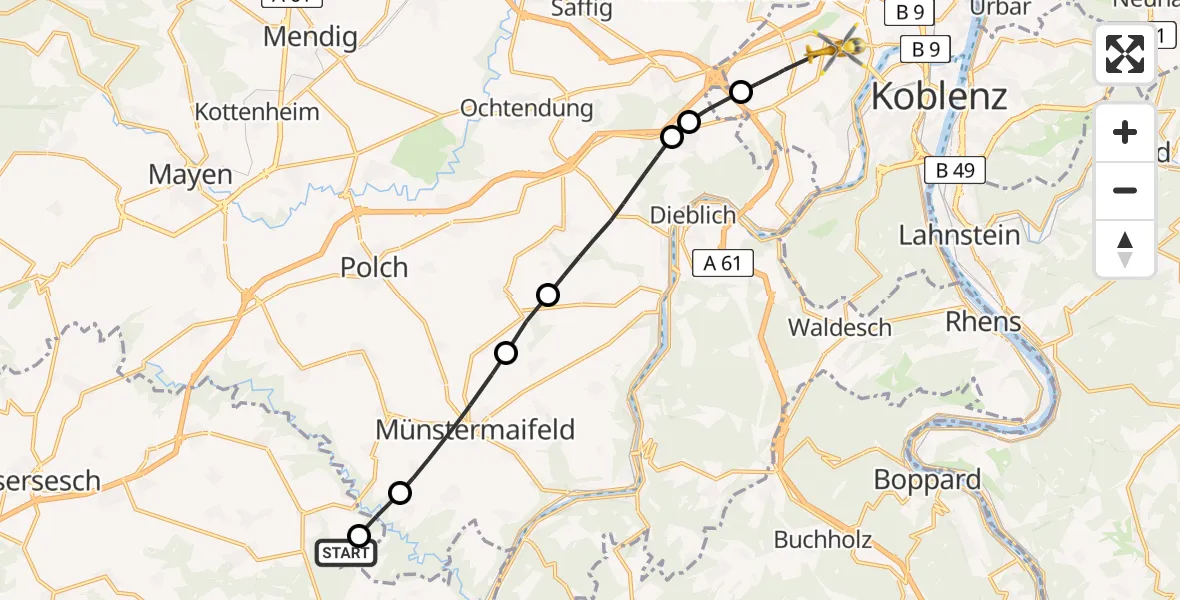 Flugroute Rettungshubschrauber Münstermaifeld - Koblenz, 25 Mai 2026, 18:11