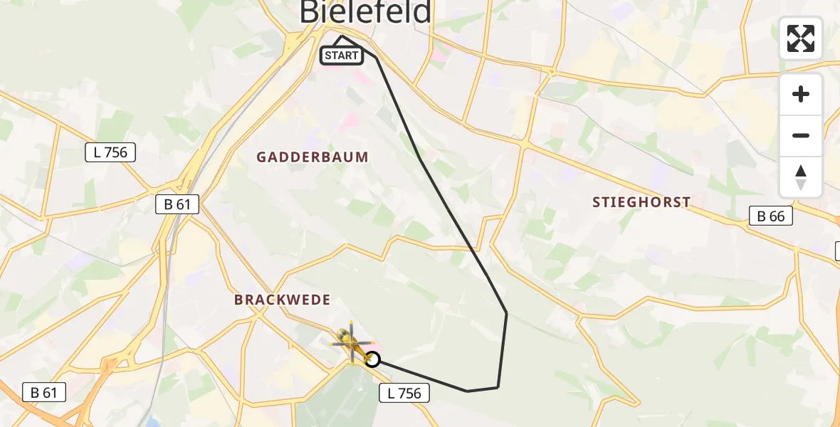 Flugroute Rettungshubschrauber Bielefeld - Luftrettungszentrum Bielefeld, 25 Mai 2026, 18:13