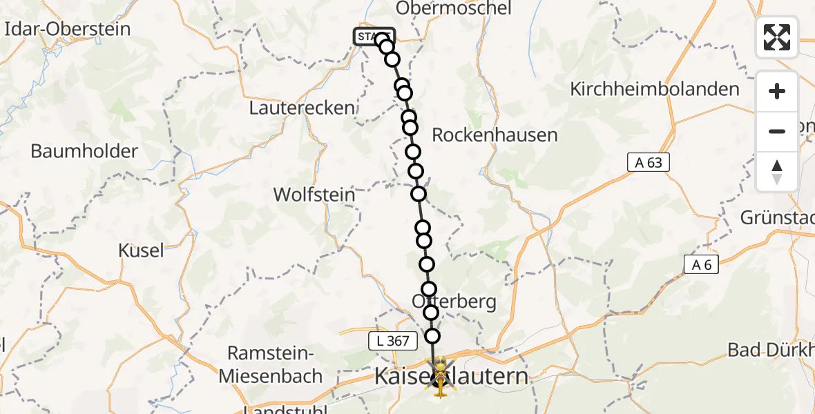 Flugroute Rettungshubschrauber Meisenheim - Westpfalz Hospital Kaiserslautern, 25 Mai 2026, 18:15