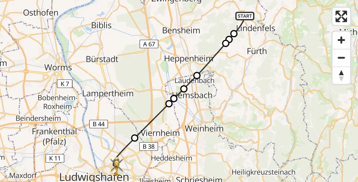 Flugroute Rettungshubschrauber Lindenfels - Mannheim, 25 Mai 2026, 18:17