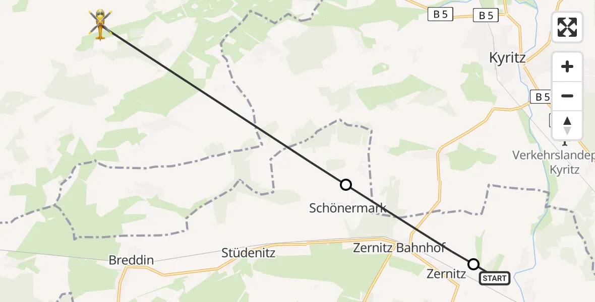 Flugroute Rettungshubschrauber Neustadt (Dosse) - Gumtow, 25 Mai 2026, 18:17