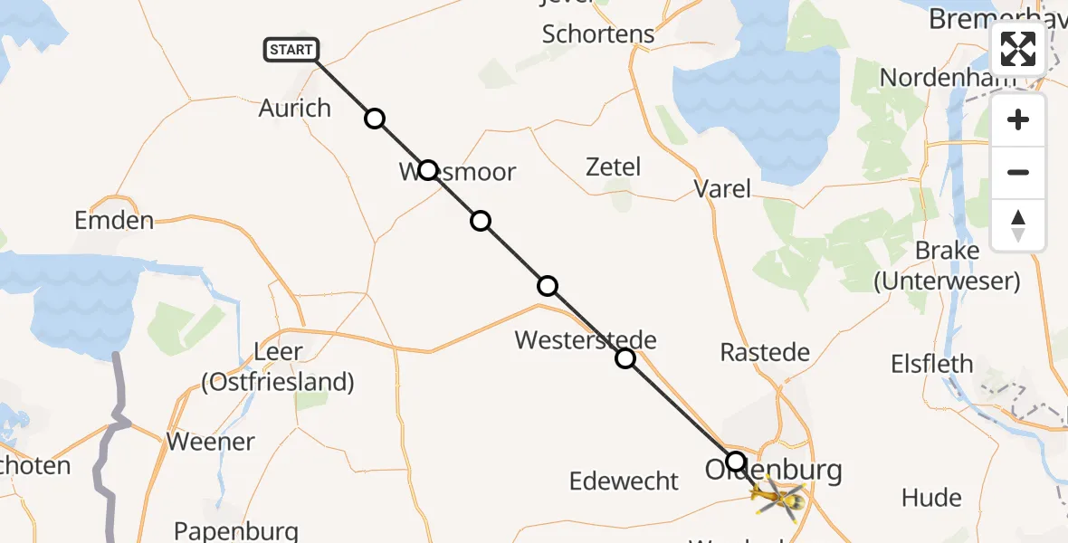 Flugroute Rettungshubschrauber Aurich - Oldenburg (Oldb), 25 Mai 2026, 18:21